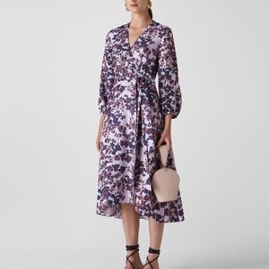 Whistles Silk Floral Print Midi Wrap Dress Size 8 V-Neck Lavender Red